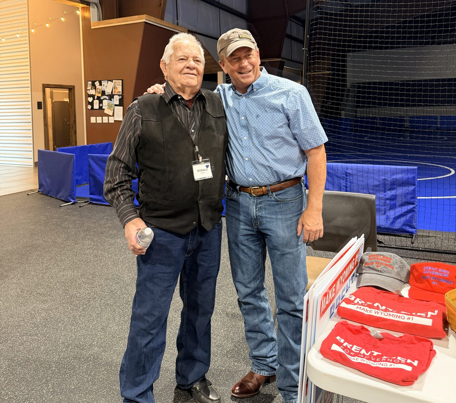 Brent Bien meeting with a longtime Wyoming supporter at a campaign event